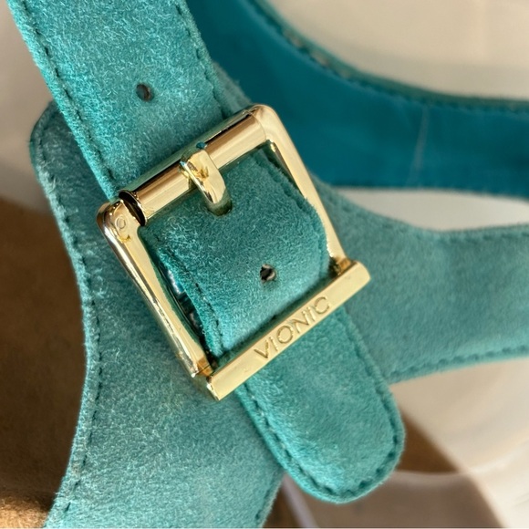 VIONIC Sz 10 Teal Wedge Strappy Sandals Buckle Closure Suede Orthotic Footbed - Picture 8 of 15